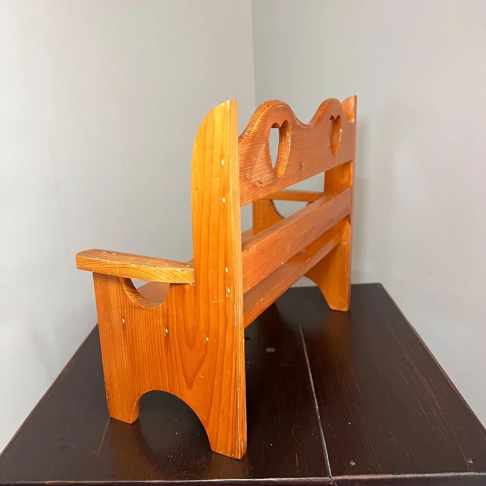 Vtg Pine Children's Doll Bench with Heart Cutouts Rustic Country Shelf Decor